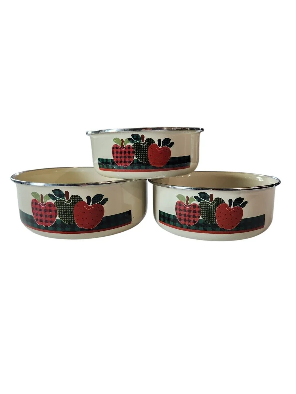 Vintage Cottagecore Farmhouse Plaid Apple Nesting Enamel Bowls Ingleman Designs